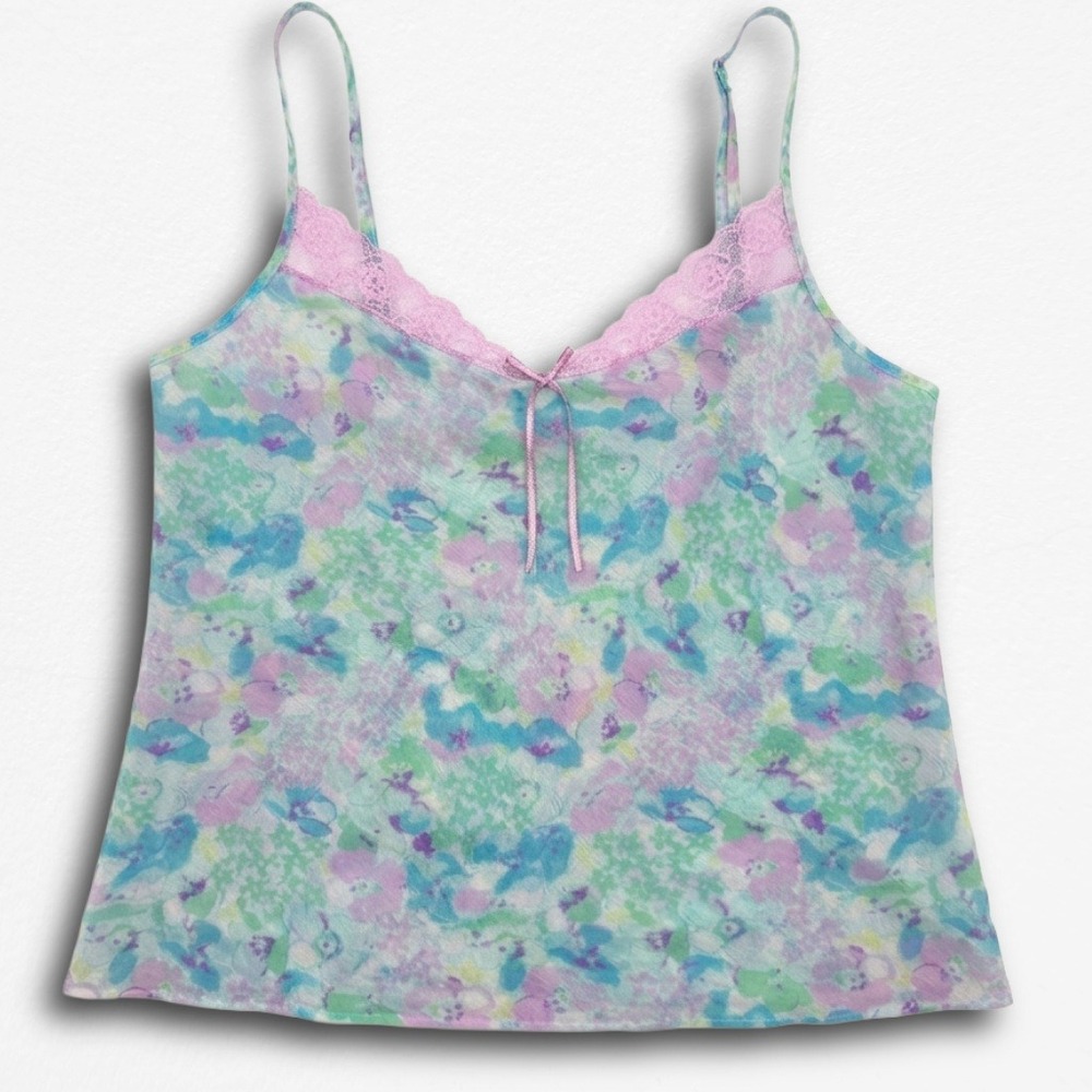 Delicates Floral Lace Trim Camisole Top Blue Purple Green Watercolor Large